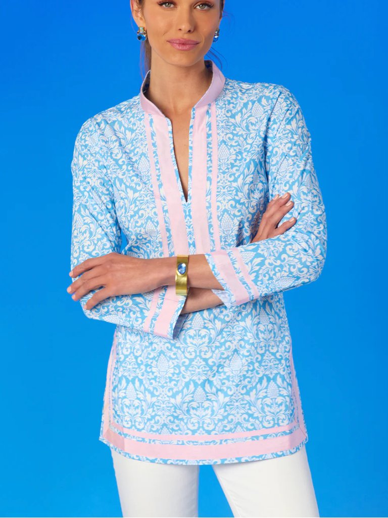 Nicoblu Blue & White Floral Tunic With Pink Trim, Medium, Like New — image 2 of 2